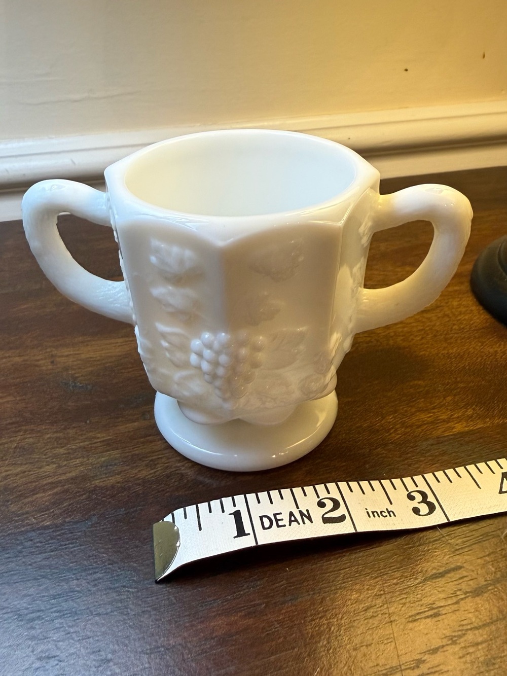 Indiana Glass White Milk Glass Two-Handled Grape Motif Sugar Bowl